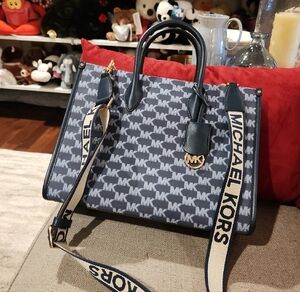 Michael Kors Mirella Navy Blue Signature Tote Bag.